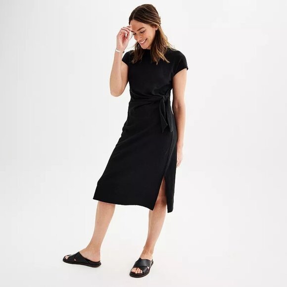 Sonoma Goods For Life Black Tie Waist Knit Dress XL Midi Pullover Short Sleeve - Picture 1 of 5